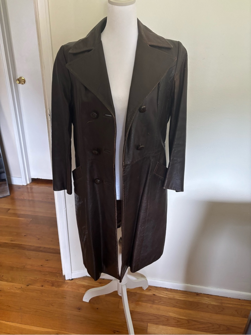 Classic Vintage Brown Leather Trench Coat - Women's Long Double-Breasted Jacket